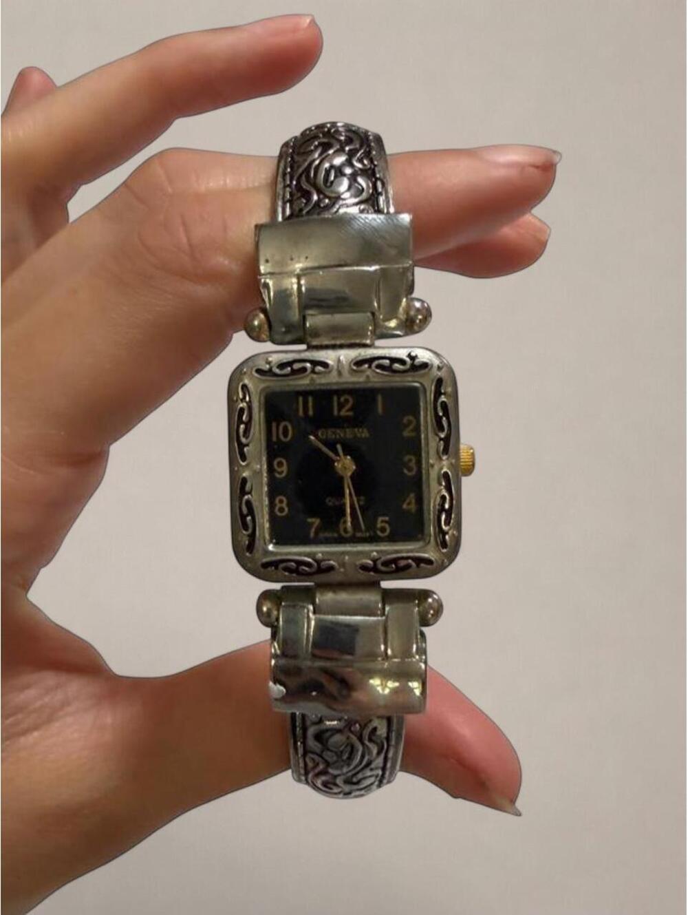 Vintage Geneva Silver Tone Cuff Watch Black Dial Y2K (Untested)